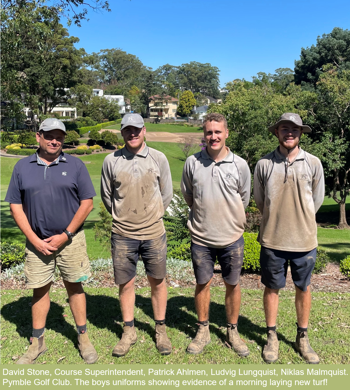 a group of men standing next to each other on a golf course .