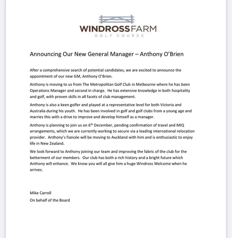 windross farm is announcing a new general manager .